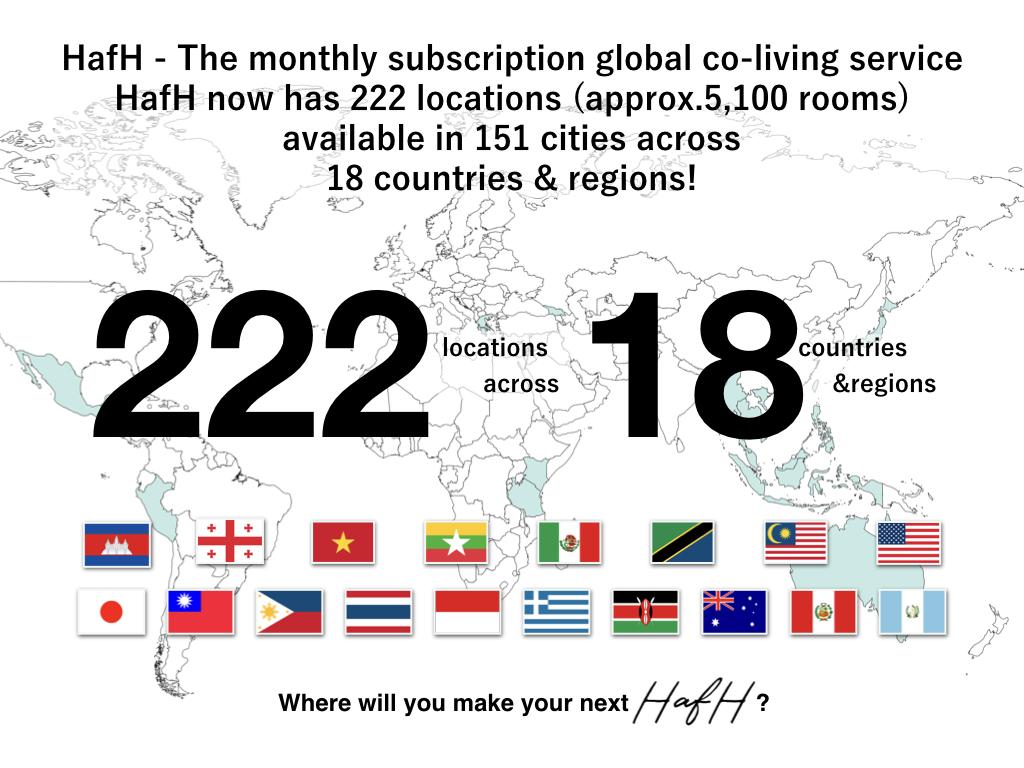 Subscription coliving service HafH extending the possibilities of the remote work lifestyle. HafH is now available in 100 cities in Japan and 50 overseas cities!